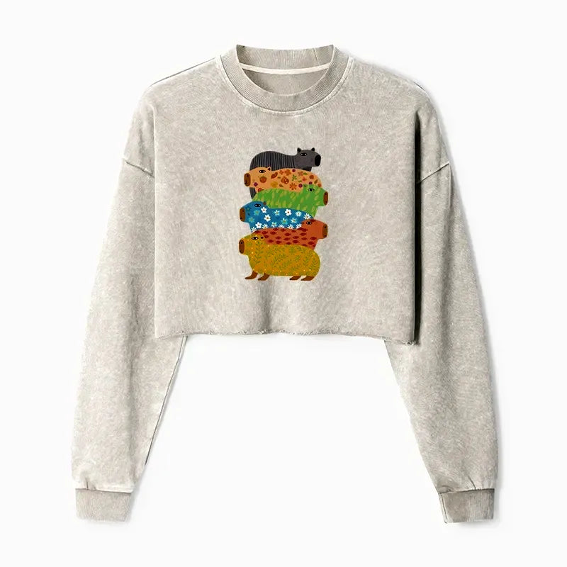 Kyoto-Lion Colorful Capybaras Washed Crop Sweatshirt