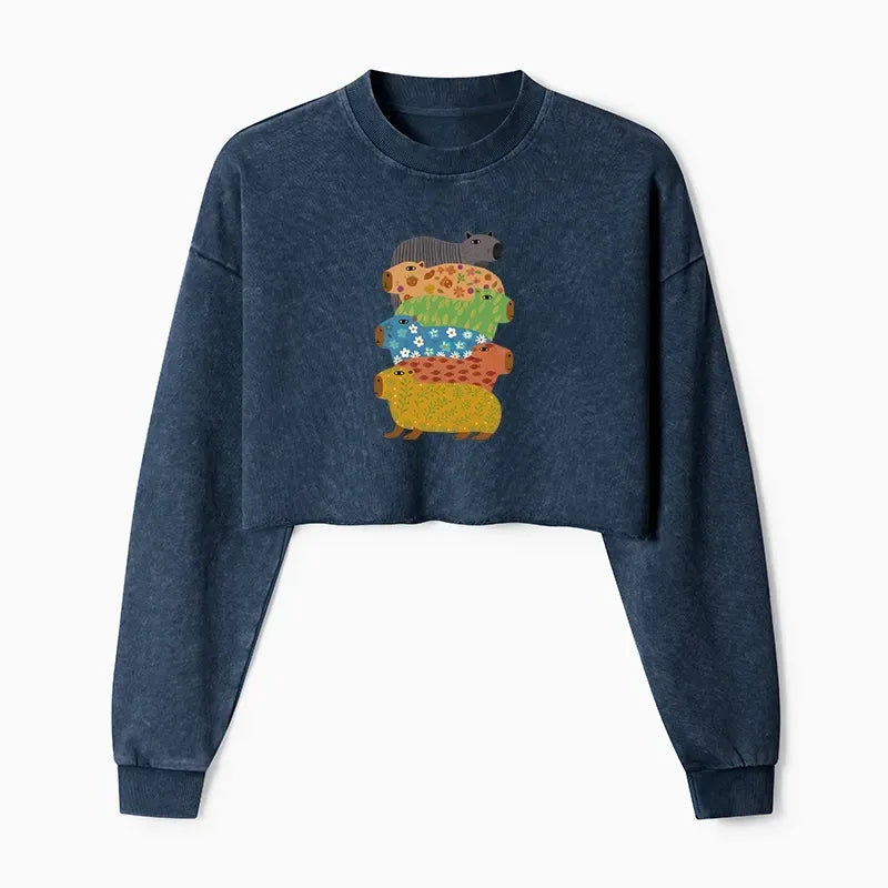 Colorful Capybara Crop Sweatshirt for Women