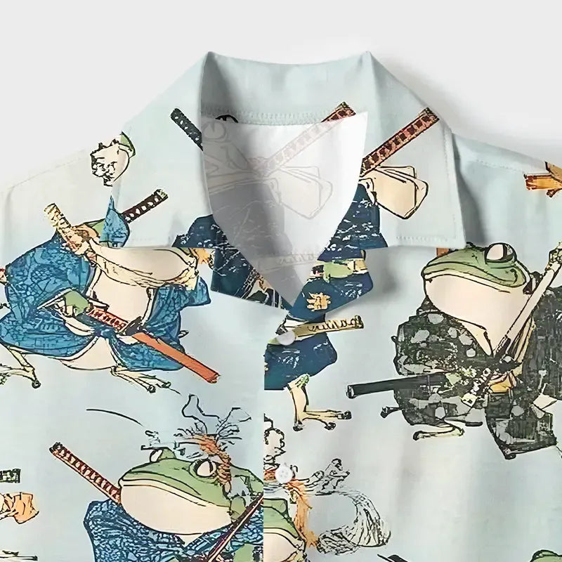Japanese Samurai Frog Cuban Collar Shirt