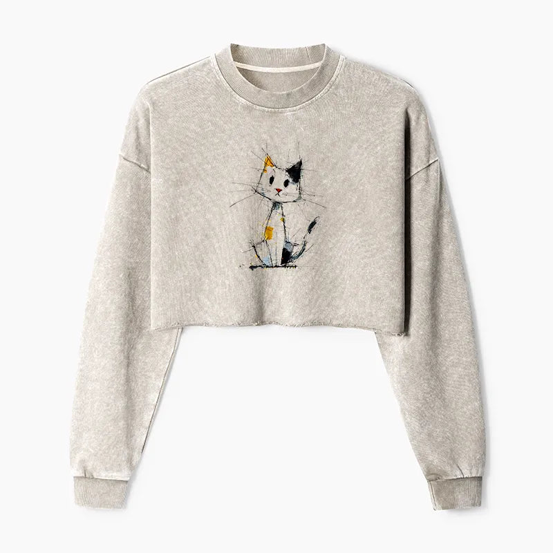 Kyoto-Lion Minimal Splash Ink Cute Cat Washed Crop Sweatshirt