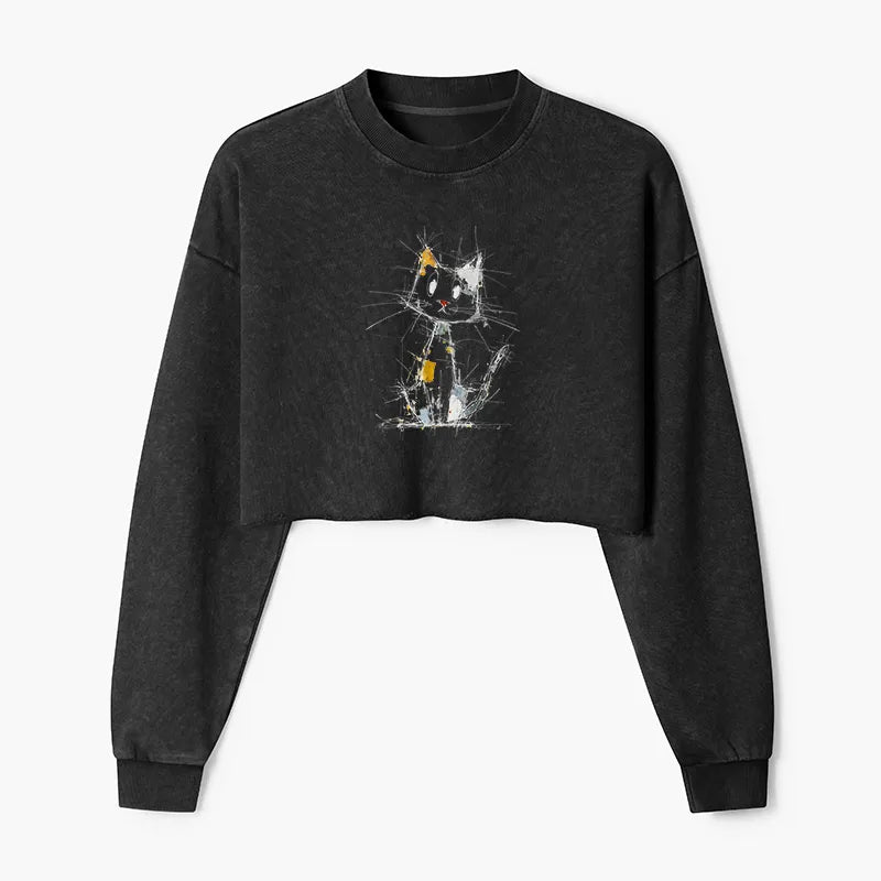 Kyoto-Lion Minimal Splash Ink Cute Cat Washed Crop Sweatshirt