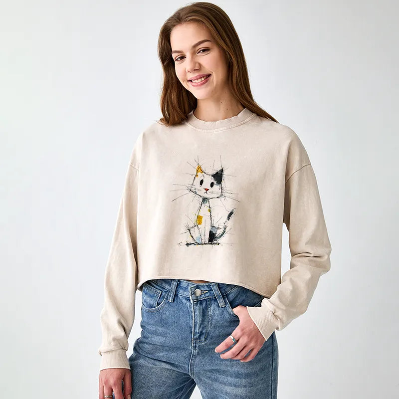 Kyoto-Lion Minimal Splash Ink Cute Cat Washed Crop Sweatshirt