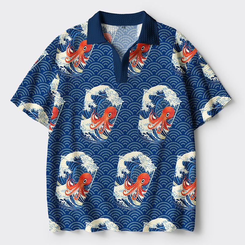 Kyoto-Lion Great Wave Off Octopus Crochet Polo Shirt