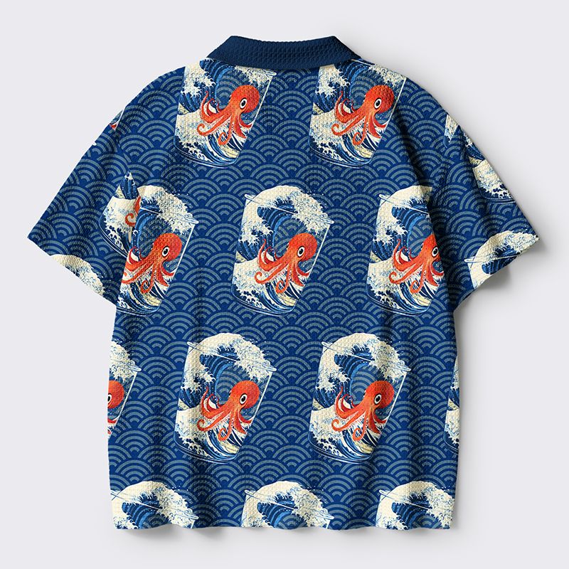 Kyoto-Lion Great Wave Off Octopus Crochet Polo Shirt