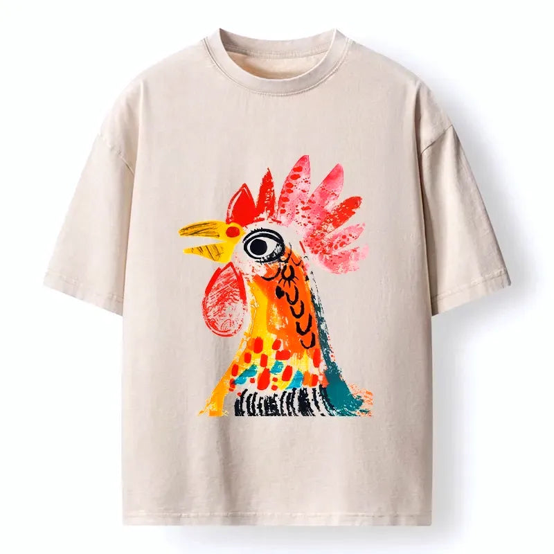 Kyoto-Lion Bold Chicken Ink Art Washed T-Shirt