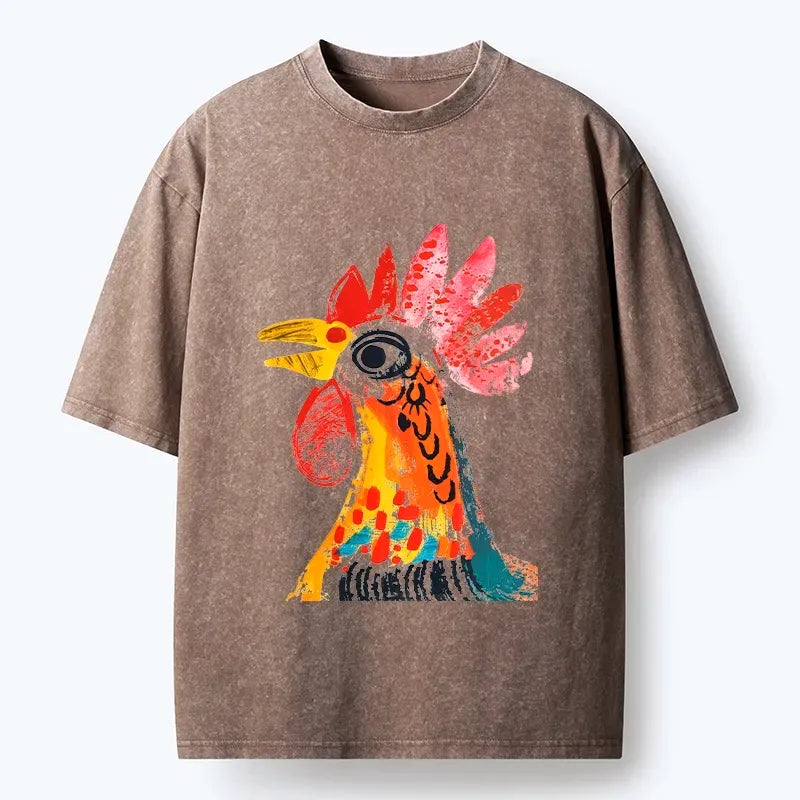 Kyoto-Lion Bold Chicken Ink Art Washed T-Shirt