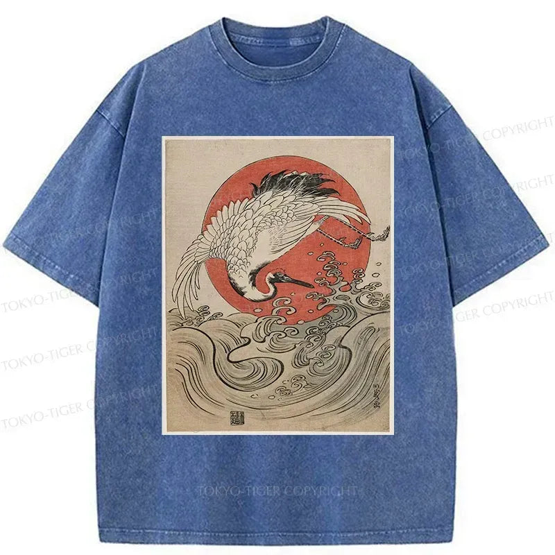Kyoto-Lion Vintage Crane and Waves Washed T-Shirt