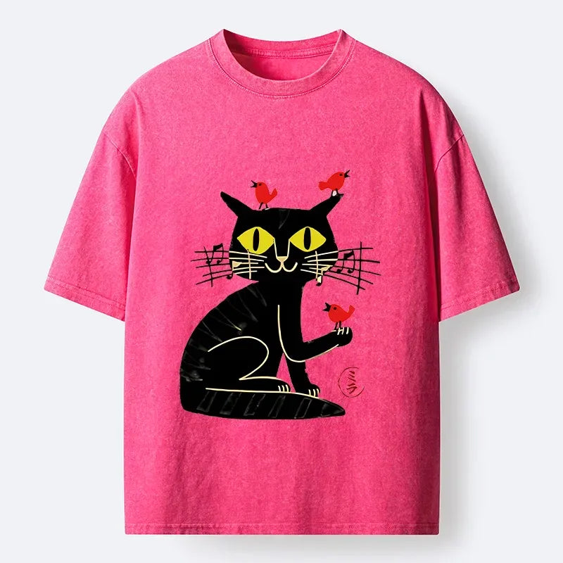 Kyoto-Lion Musical Cat And Little Birds Washed T-Shirt