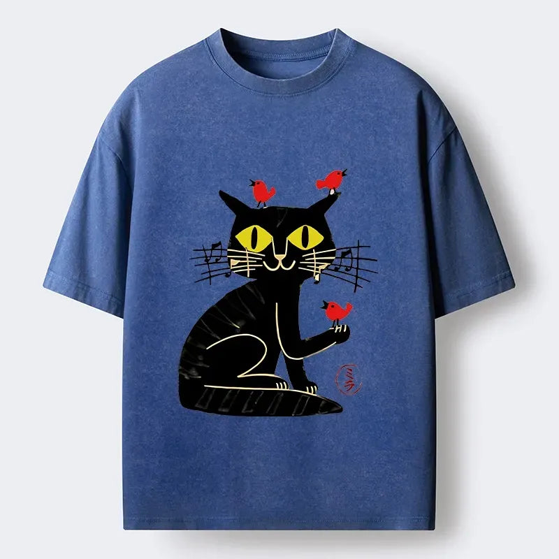 Kyoto-Lion Musical Cat And Little Birds Washed T-Shirt