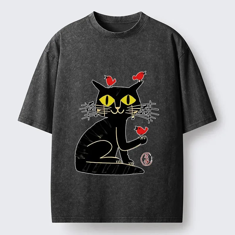 Kyoto-Lion Musical Cat And Little Birds Washed T-Shirt