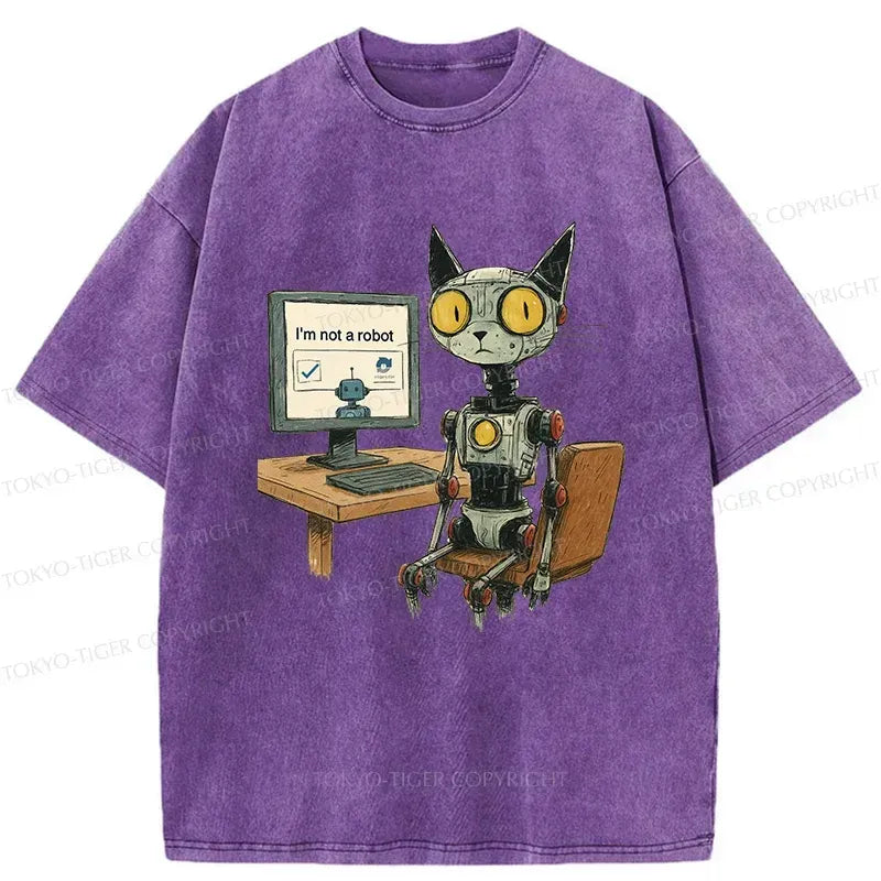Kyoto-Lion Robot Cat In Question Washed T-Shirt