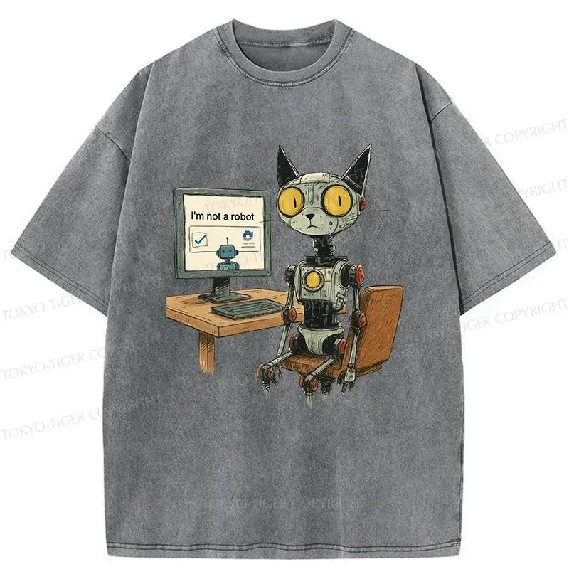 Kyoto-Lion Robot Cat In Question Washed T-Shirt