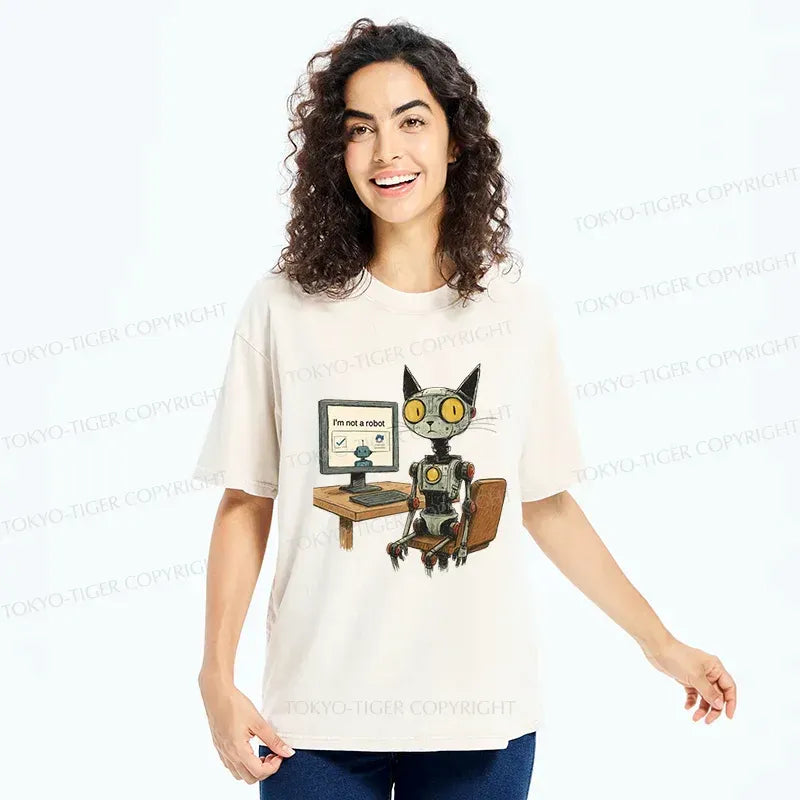 Robot Cat Washed T-Shirt Unisex