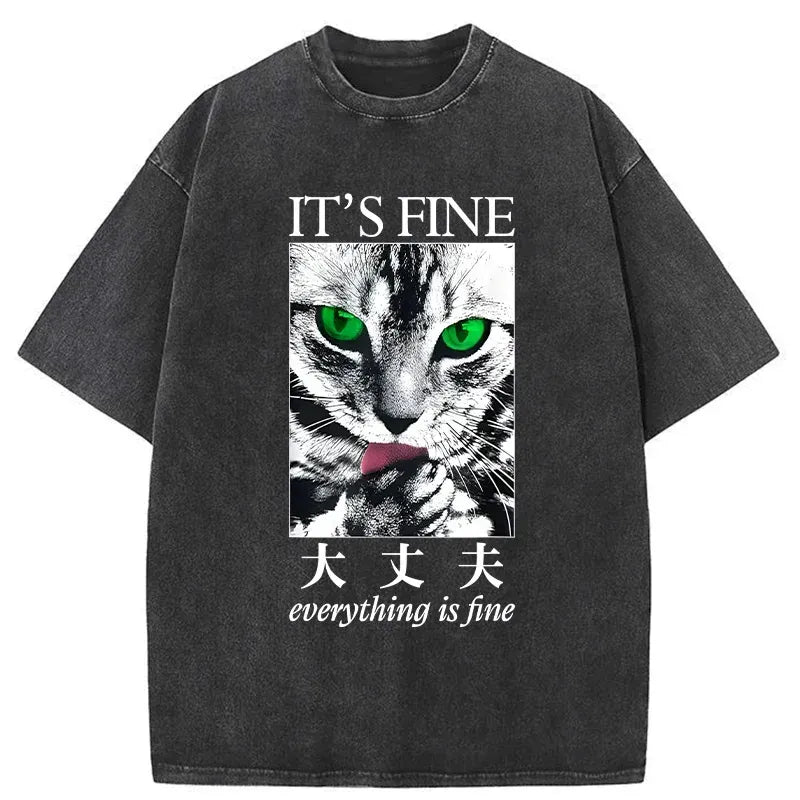 Japanese Cat Washed T-Shirt for Daily Wear