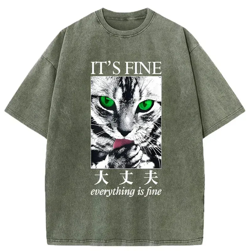 Japanese Cat Washed T-Shirt for Daily Wear