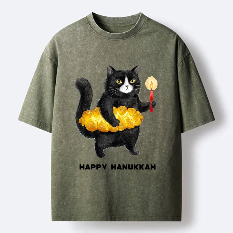 Kyoto-Lion Cute Hanukkah Cat Washed T-Shirt