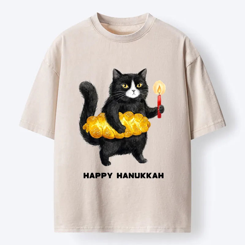 Kyoto-Lion Cute Hanukkah Cat Washed T-Shirt