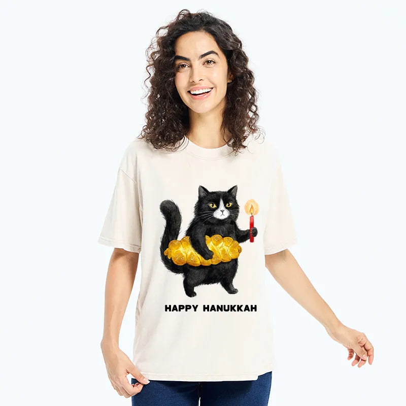 Kyoto-Lion Cute Hanukkah Cat Washed T-Shirt
