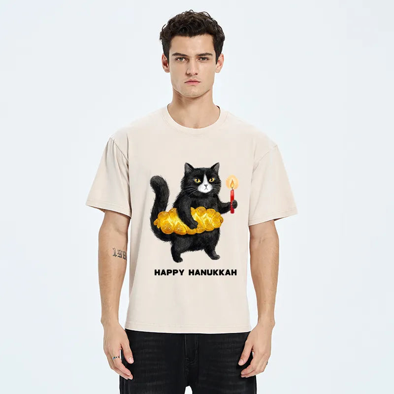 Kyoto-Lion Cute Hanukkah Cat Washed T-Shirt