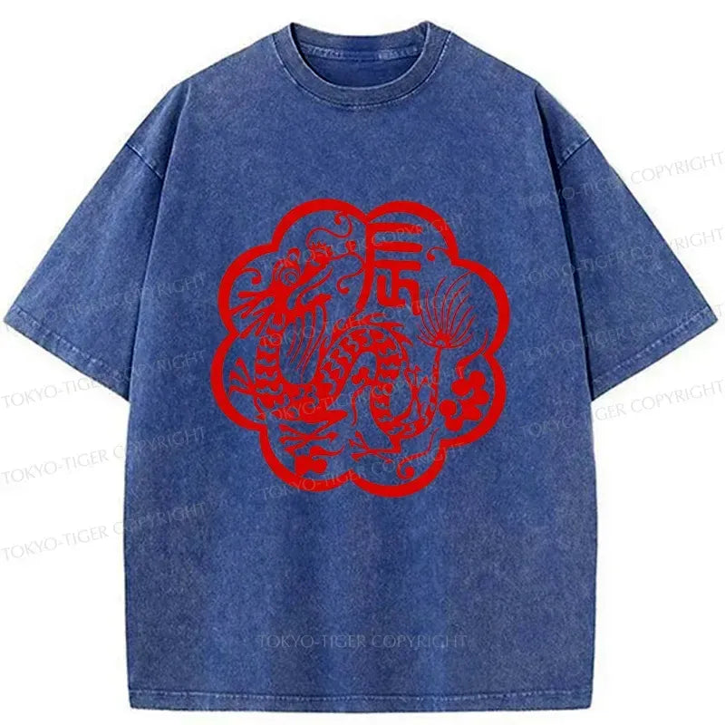 Kyoto-Lion Dragon Paper Cutting Washed T-Shirt