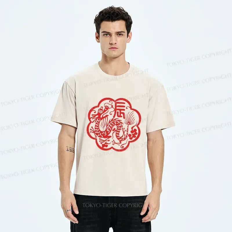 Kyoto-Lion Dragon Paper Cutting Washed T-Shirt