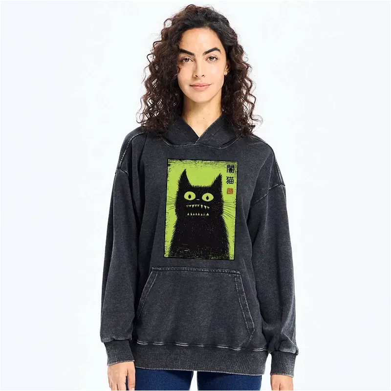 Kyoto-Lion Spooky Black Cat Japanese Washed Hoodie