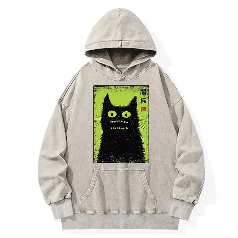 Kyoto-Lion Spooky Black Cat Japanese Washed Hoodie