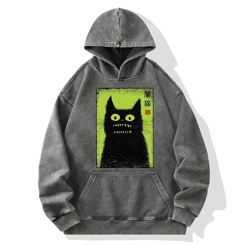Spooky Black Cat Japanese Washed Hoodie