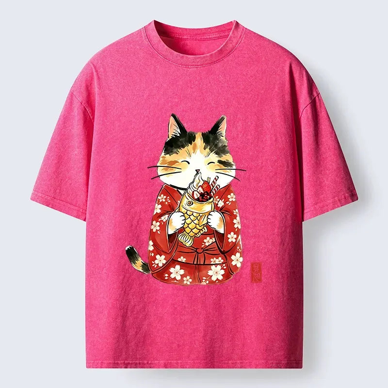 Kyoto-Lion Enjoying Japanese Taiyaki Washed T-Shirt
