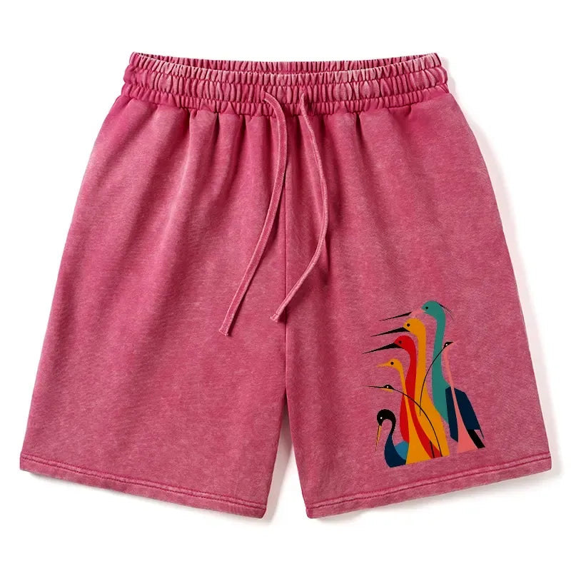 Japanese Cranes Washed Shorts for Summer
