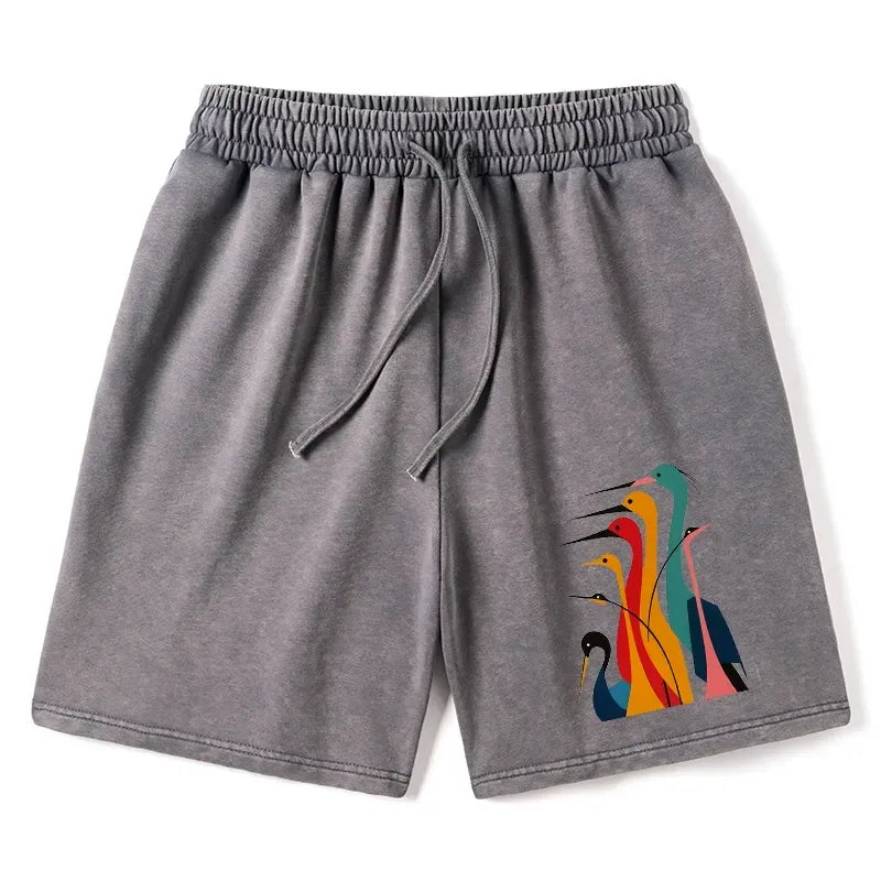 Japanese Cranes Washed Shorts for Summer