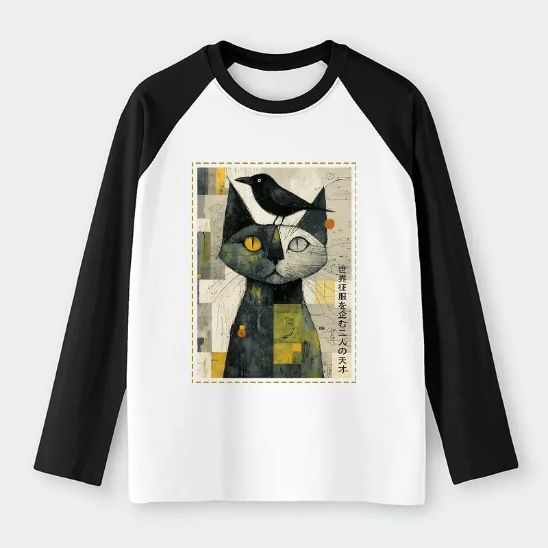 Japanese Cat Crow Raglan Long Sleeve T-shirt