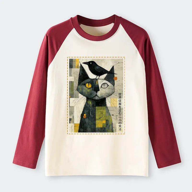 Japanese Cat Crow Raglan Long Sleeve T-shirt