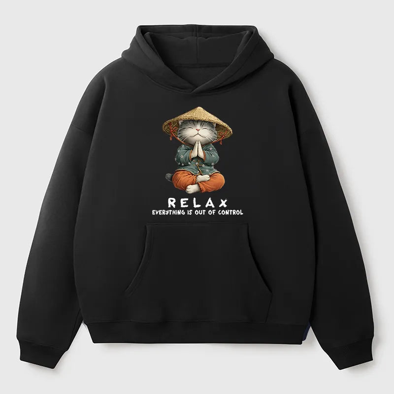 Kyoto-Lion Zen Relax Cat Graphic Adult Fleece Hoodie