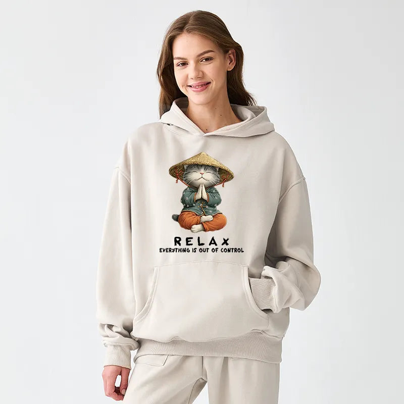 Kyoto-Lion Zen Relax Cat Graphic Adult Fleece Hoodie