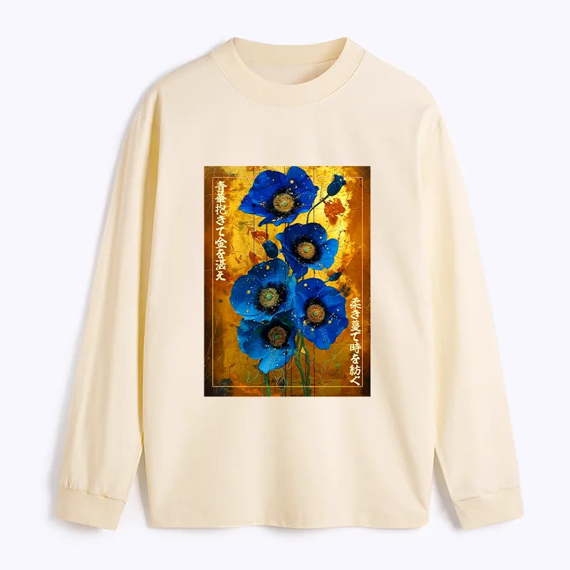 Kyoto-Lion Shiny Blue Flower Warm Golden Background Classic Long Sleeve T-Shirt