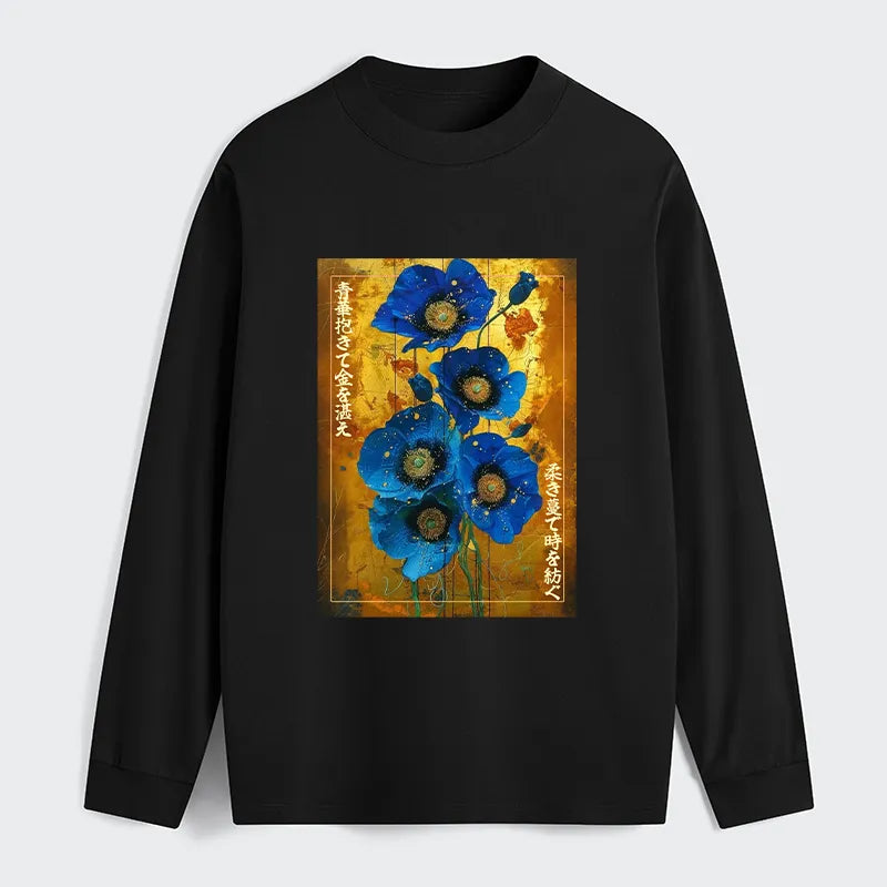 Kyoto-Lion Shiny Blue Flower Warm Golden Background Classic Long Sleeve T-Shirt