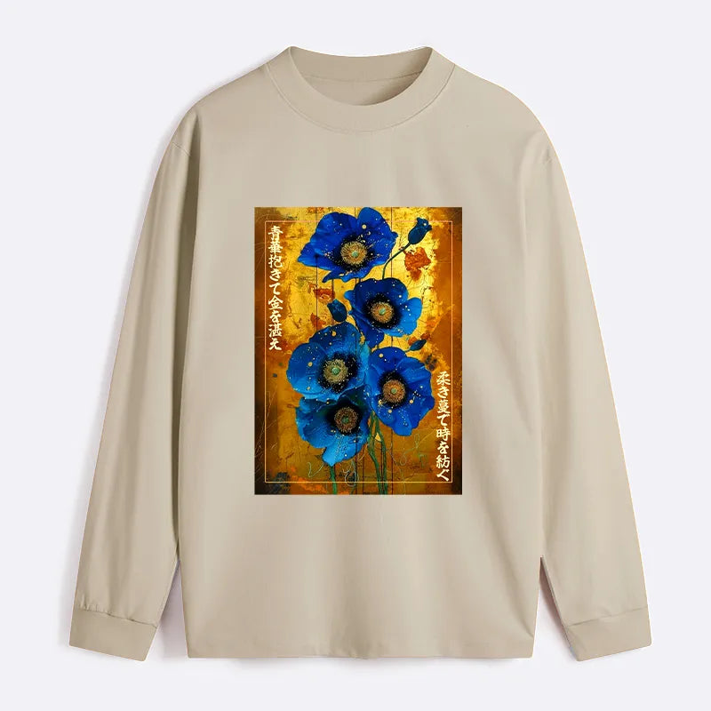 Kyoto-Lion Shiny Blue Flower Warm Golden Background Classic Long Sleeve T-Shirt