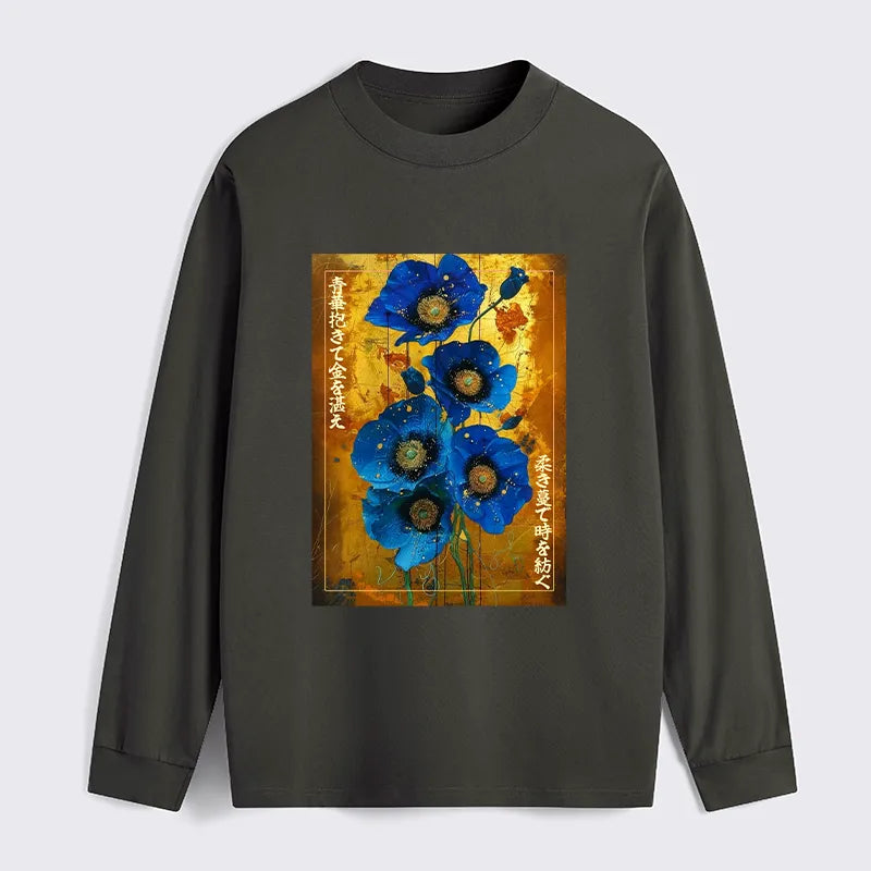 Kyoto-Lion Shiny Blue Flower Warm Golden Background Classic Long Sleeve T-Shirt