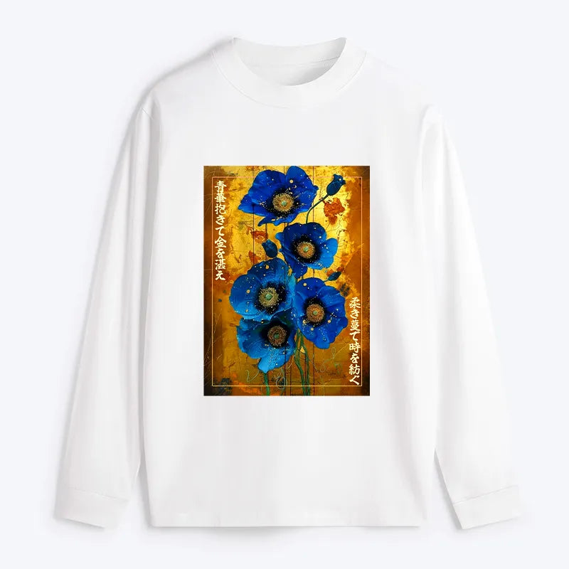 Kyoto-Lion Shiny Blue Flower Warm Golden Background Classic Long Sleeve T-Shirt