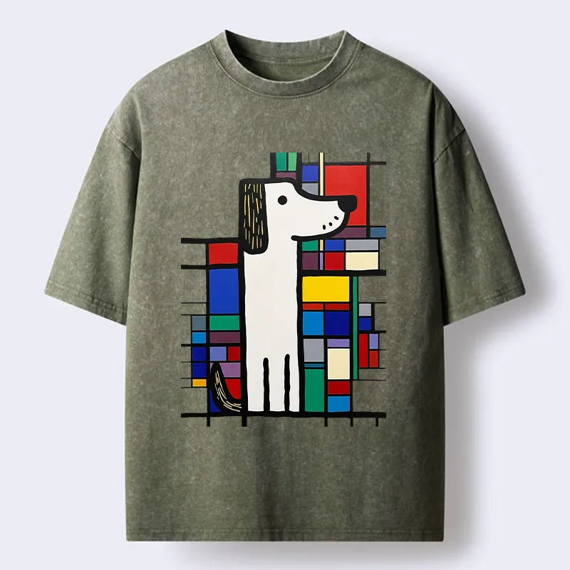 Kyoto-Lion Geometric Cute Dog Art Washed T-Shirt
