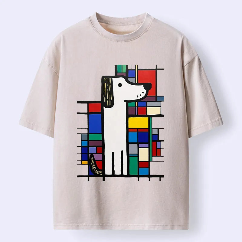 Kyoto-Lion Geometric Cute Dog Art Washed T-Shirt
