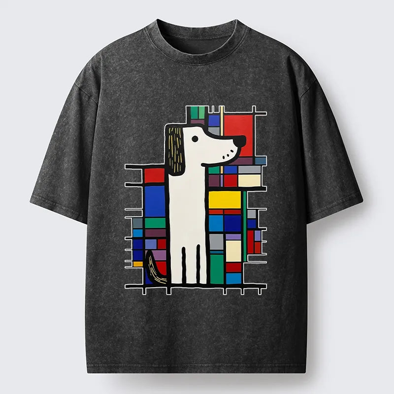 Kyoto-Lion Geometric Cute Dog Art Washed T-Shirt