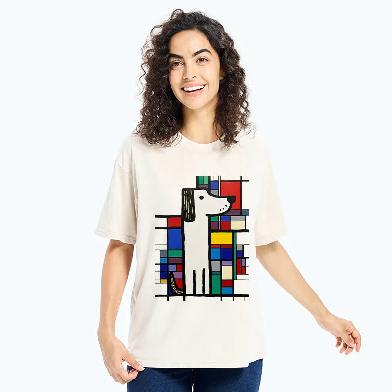 Kyoto-Lion Geometric Cute Dog Art Washed T-Shirt