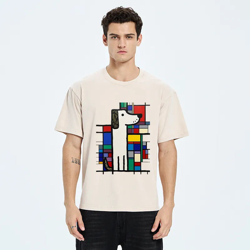 Kyoto-Lion Geometric Cute Dog Art Washed T-Shirt