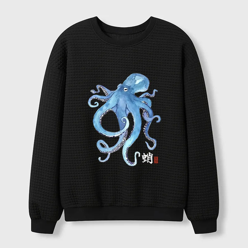 Kyoto-Lion Watercolor Blue Octopus Waffle Sweatshirt
