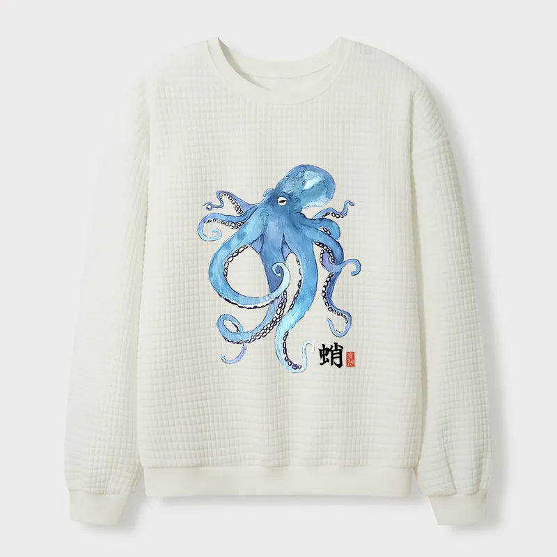 Kyoto-Lion Watercolor Blue Octopus Waffle Sweatshirt