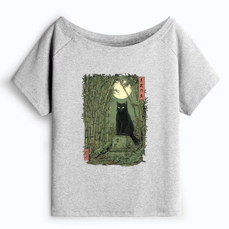 Kyoto-Lion Black Cat In The Bamboo Forest Off Shoulder T-Shirt