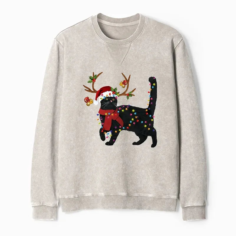 Kyoto-Lion Christmas Black Cat Washed Terry Sweatshirt