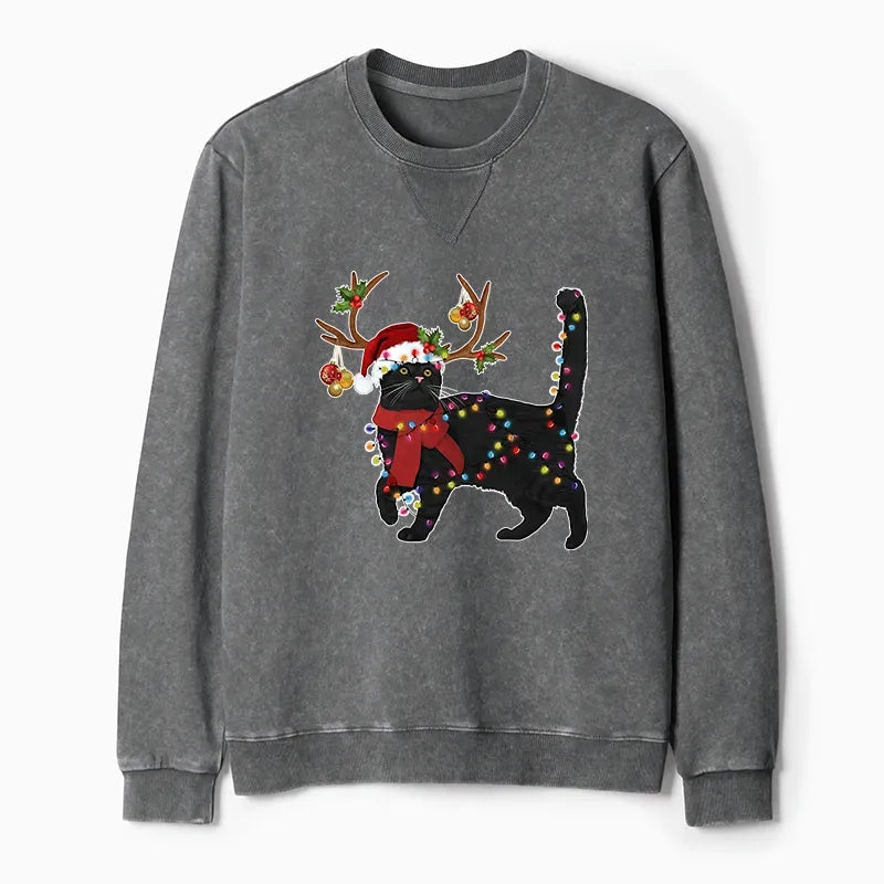 Kyoto-Lion Christmas Black Cat Washed Terry Sweatshirt